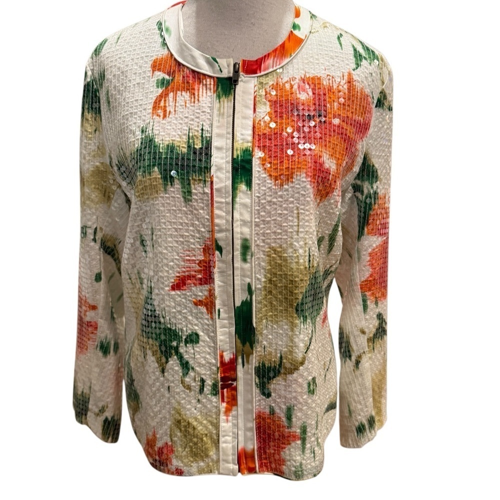 Chico’s Women’s Shimmer Floral Giovanna Jacket Optic White.  Tropical.  Sequins